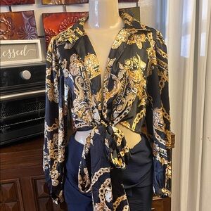 Black & Gold Printed Tie-Front Blouse - Women